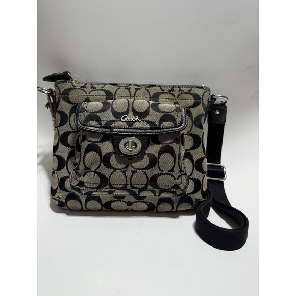 VTG Coach Purse Signature Stripe C Swingback Crossbody Bag Gray Black Zipper - Picture 1 of 12